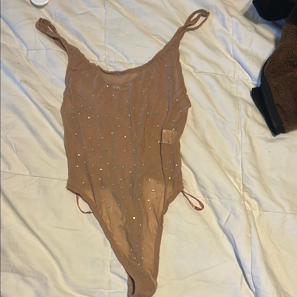 Fashion Nova Tan Bodysuit with Plunging Neckline